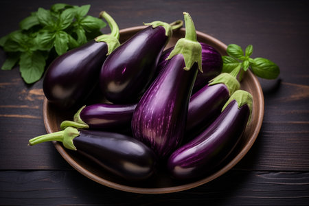 Ripe purple eggplants in plate. Tasty uncooked organic harvest for dinner. Beautifully served vegetable. Generative AIの素材
