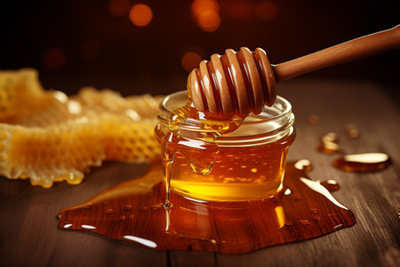 Delicious liquid honey in jar, honeycomb and wooden dipper stick. Generative AIの素材