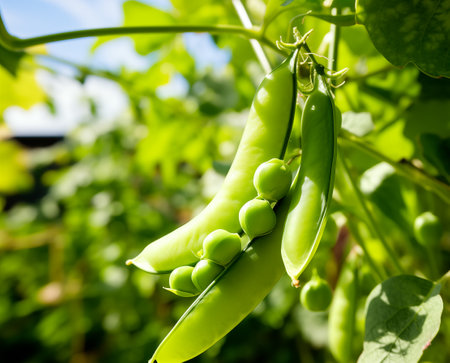 Ripening peas pods on bush in summer. Green small vegetable in hot sunny day. Healthy ripe harvest in garden. Generative AIの素材