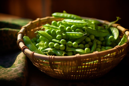 Pea pods in wooden wicker basket. Tasty healthy green harvest for snack. Group of yummy small vegetables. Generative AIの素材