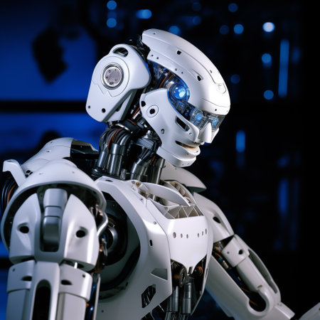 Closeup mechanized industry robot cyborg working at factory for human labor replacement. Generative AIの素材