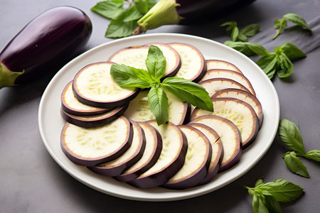 Sliced eggplant on plate. Served purple raw vegetable with mint decorated. Generative AIの素材