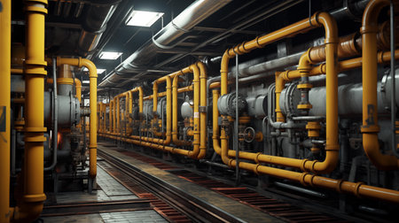 Industrial workspace with pipes and pipelines massive steel structures background. Modern factory workroom. Generative AIの素材
