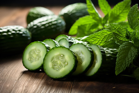 Cucumber slices on wooden surface with mint. Healthy ripe fresh vegetable. Summer green harvest. Generative AIの素材