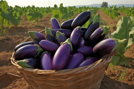 Fresh eggplants on field in wicker basket. Tasty purple summer harvest. Healthy vegetable. Generative AIの素材