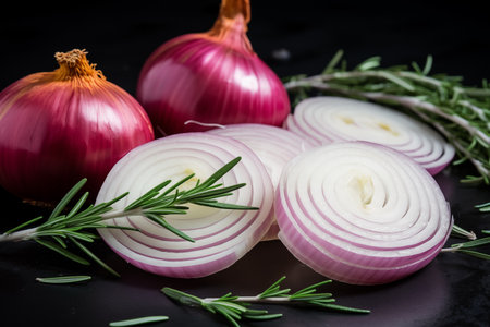 Onions with herbs on black background. Healthy ripe organic vegetable. Cut food with greenery. Generative AIの素材