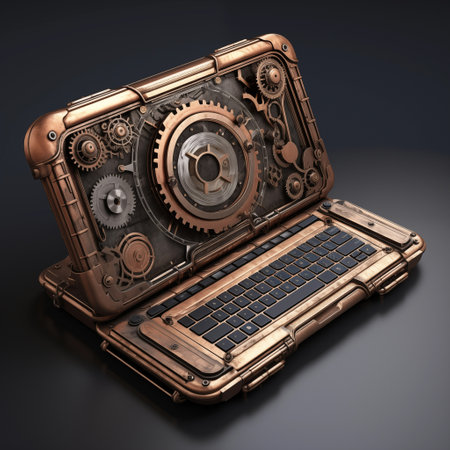 Steampunk style laptop computer digital device futuristic construction. Metallic gadget with mechanical gear parts made from brass. Generative AIの素材