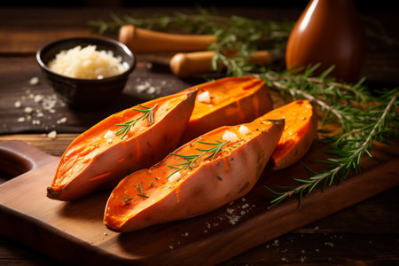 Sweet potatoes and greenery on table. Autumn baked harvest with herbs on wooden tray. Slices of tasty prepared vegetable with spices. Generative AIの素材