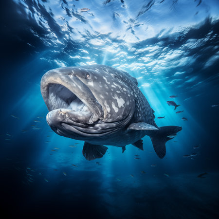 Gigantic fish swimming in clear ocean water. Angry sea monster, dangerous fish with opened mouth. Generative AIの素材
