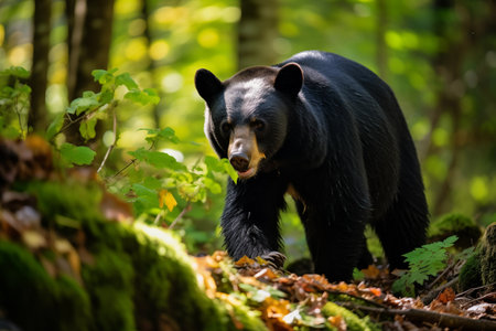Black big bear walking in forest. Predator animal having a walk in sunny day outdoor. Dangerous hunter. Generative AIの素材