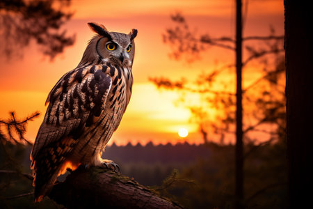 Beautiful owl sitting on log at sunset. Carnivore nocturnal perched bird in evening. Animal with wings and patterns on fur. Generative AIの素材