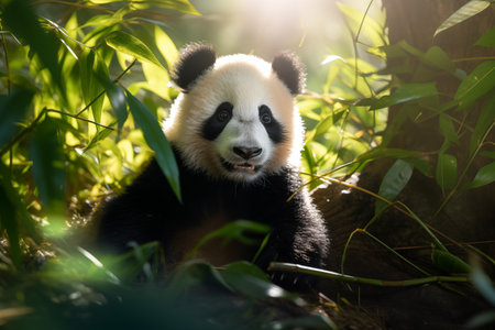 Big panda eating bamboo leaves on sunny day. Beautiful wild animal with herbs outdoor. Black and white herbivore at nature. Generative AIの素材