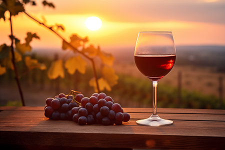 Beautiful autumn still life with red wine and grape outdoor. Alcohol drink in glass with fruit branch on wooden surface on countryside. Relaxing in nature at sunset. Generative AIの素材