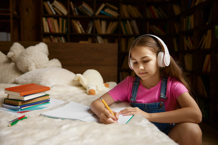 Cute little school girl enjoying school time having online lessonの写真素材