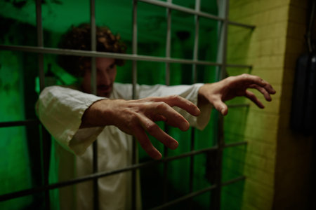 Mentally ill male patient with attack of rabies locked in cage ward