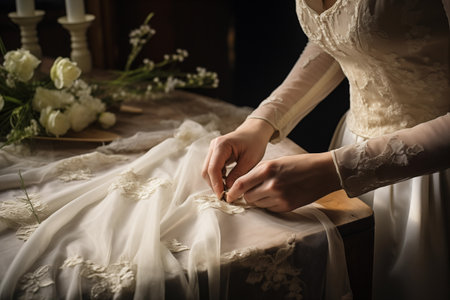 Woman sewing handmade wedding dress at tailor shop. Closeup of work process with view on hands holding needle. Generative AIの素材