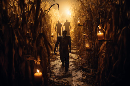 Creepy zombie figures walking through corn field trail under burning candle light. Halloween thrill background. Generative AIの素材