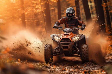 Sportsman riding atv on dirty off-road track in forest at sunset. Extreme sport challenge. Generative AIの素材