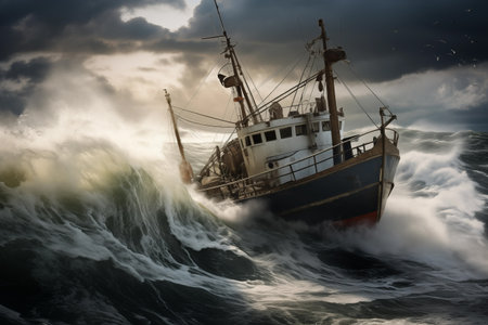 Vintage fishing trawler ship catching strong sea storm floating in huge splashing waves. Epic seascape with boat in tragedy. Generative AIの素材
