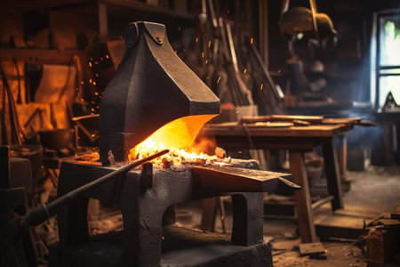 Blacksmith workshop anvil with fire and flash sparkles. Smith shop workplace for hot iron forging and forming. Generative AIの素材