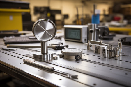 Precision measuring tools and stainless steel supplies on worktable. Mechanics, technician and engineer instruments assortment. Generative AIの素材