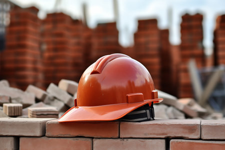 Red protective helmet of builder worker on brick wall at construction site. Bricklaying and masonry work. Generative AIの素材
