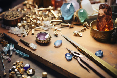 Jewelry makers table with tools, gold bars, precious stones and pearls. Small business, goldsmith workshop. Generative AIの素材