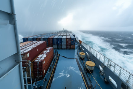 Cargo ship sailing in strong storm, view from deck. Natural disaster on sea or ocean. Generative AIの素材