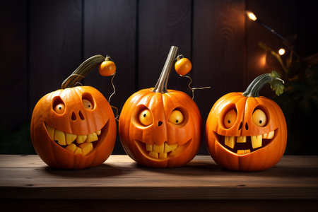 Funny Halloween pumpkins with laughing face still life. Creepy carved squash vegetable prepared for October traditional spooky party celebration. Generative AIの素材