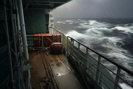 Cargo ship sailing in heavy storm, view from deck. Natural disaster on sea or ocean. Generative AIの素材