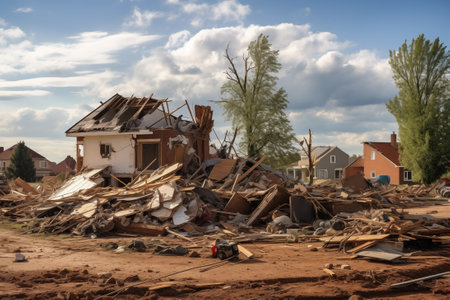 Destroyed building apartment after natural disaster. Demolished construction after earthquake. Generative AIの素材