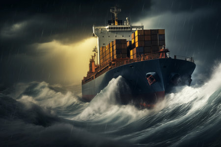 Big cargo ship fighting with huge storm. Transportation vessel sailing in strong waves. Generative AIの素材