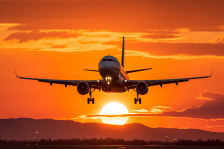 Large passenger jetliner taking off or landing during wonderful sunset. Large jetliner floating above. Generative AIの素材
