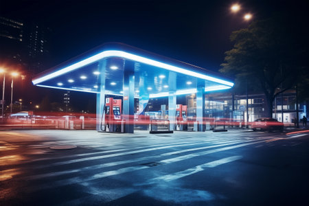 Petrol gas station with modern city building and neon light illumination at night. Generative AIの素材