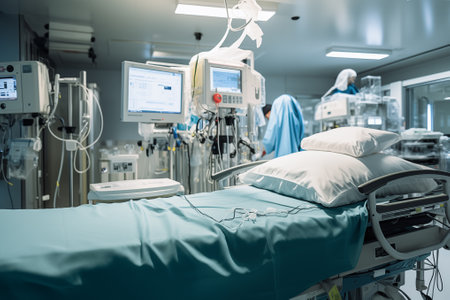 Bed in operating room in hospital. Setting ready for working and saving lives. Generative AIの素材