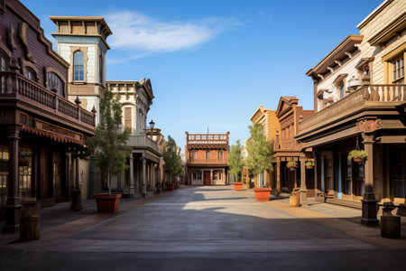 Old western town street with elegant buildings. Beautiful deserted old place on sunny day. Generative AIの素材