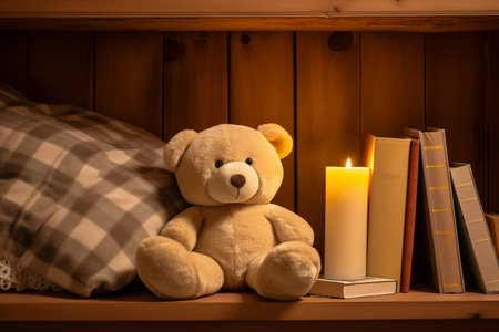 Teddy bear sitting shelf among books. Cozy evening for toy friend. Soft fluffy toy near candle. Generative AIの素材