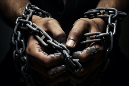 Man's hands with chain close-up. Bounded dirty fingers in dark. Generative AIの素材