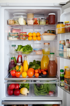 Refrigerator with different fruits, vegetables and useful vitamins. Healthy tasty ingredients for healthy lifestyle. Generative AIの素材