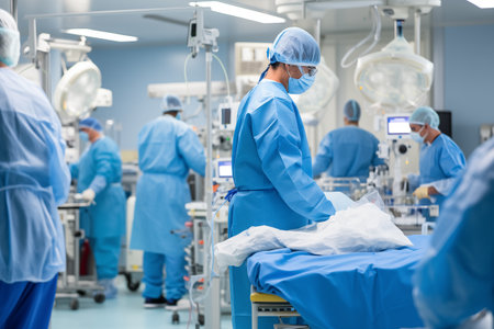 Doctor working with staff in hospital. Man professionally doing his job and saving people. Generative AIの素材