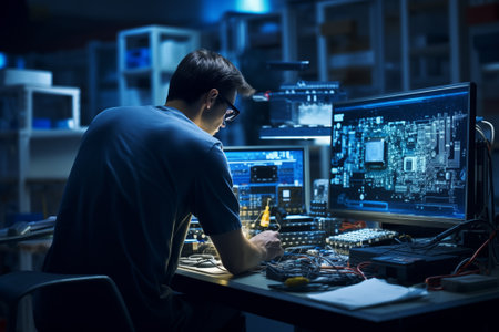 Electrician engineer soldering details in electronics equipment. Employee working in lab. Young man indoor. Generative AIの素材