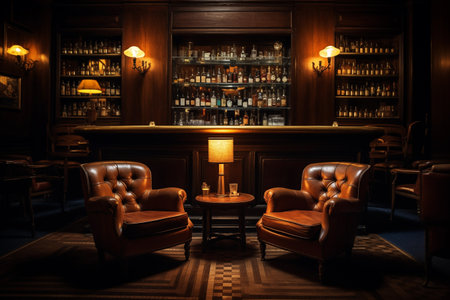 Luxury whiskey bar. Place for relaxing. Beautiful furniture and different varieties if drinks indoor. Comfortable cozy pub with armchairs. Generative AIの素材