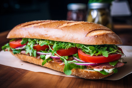 Giant juicy sandwich stuffed with tomatoes and greenery on wooden tray. Delicious appetizing breakfast on table. Healthy dish. Generative AIの素材