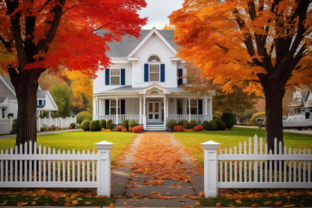 Classic American private house in the suburbs. White building in autumn season. Home for big family. Generative AIの素材