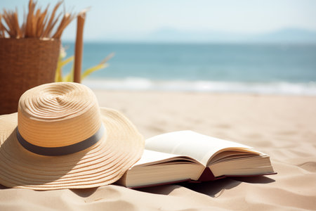 Book and hat on beach on sunny day. Concept of objects at nature on sunny summer day near water on sand. Generative AIの素材