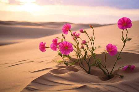 Beautiful flowers growing in desert. Plants in sand at sunny warm day. Generative AIの素材