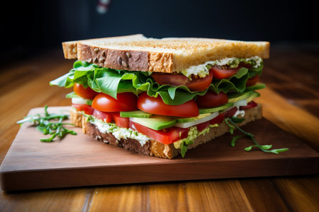Juicy satisfying sandwich stuffed with tomatoes and greenery on wooden tray. Delicious appetizing breakfast on table. Healthy dish. Generative AIの素材