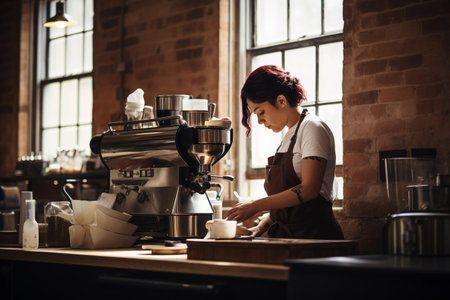 Barista making coffee in coffee shop. Young woman with uniform nearly coffee mashing. Working girl fulfilling the order. Generative AIの素材