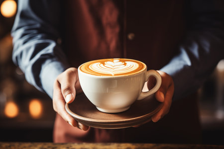 Barista serving cup of coffee in hands, crop view. Man bringing hot drink to visitor. Good morning in cafe. Generative AIの素材