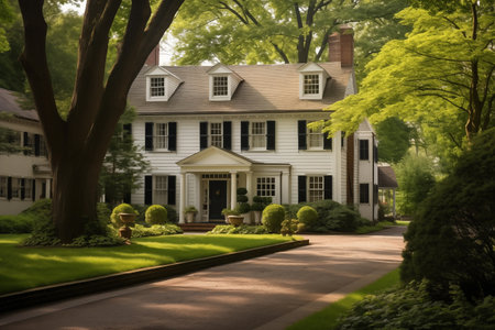 Classic American private house in the suburbs. White mansion building in suburbs. Home for big family. Generative AIの素材
